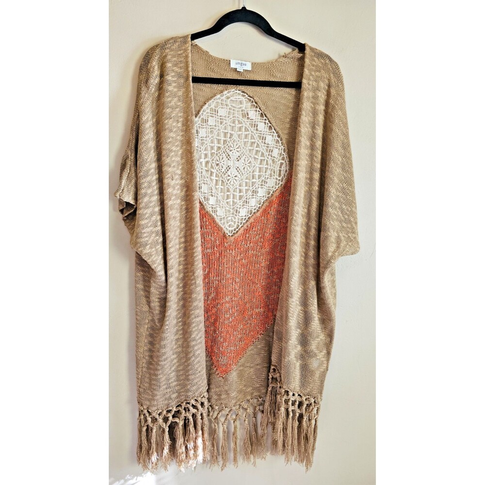 Umgee USA Sweater Womens M/L Beige Kimono Cardigan Fringe Crochet Lace Boho